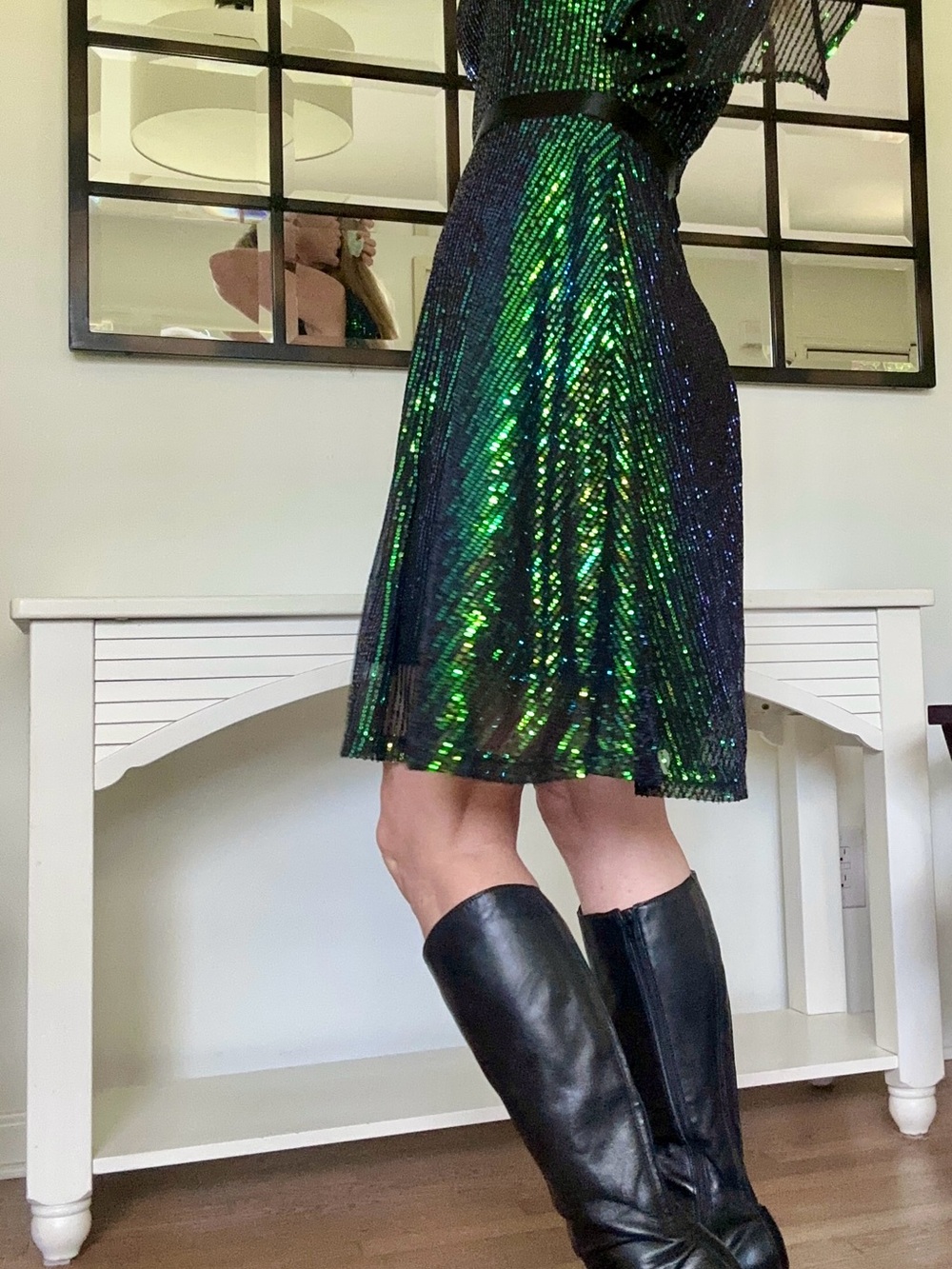 Vintage Wedtrend Sequin Green-Black Shift Dress SIZE M (Fits like a 4-6)